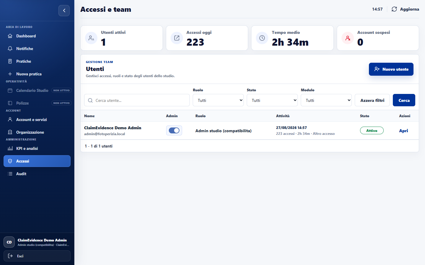 Studio access management with demo data
